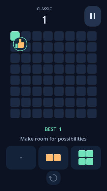 Block Burst's 8×8 puzzle board with colorful blocks and a rotation button