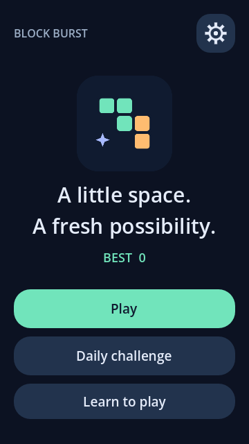 Block Burst home screen with Play, Daily challenge and Learn to play buttons