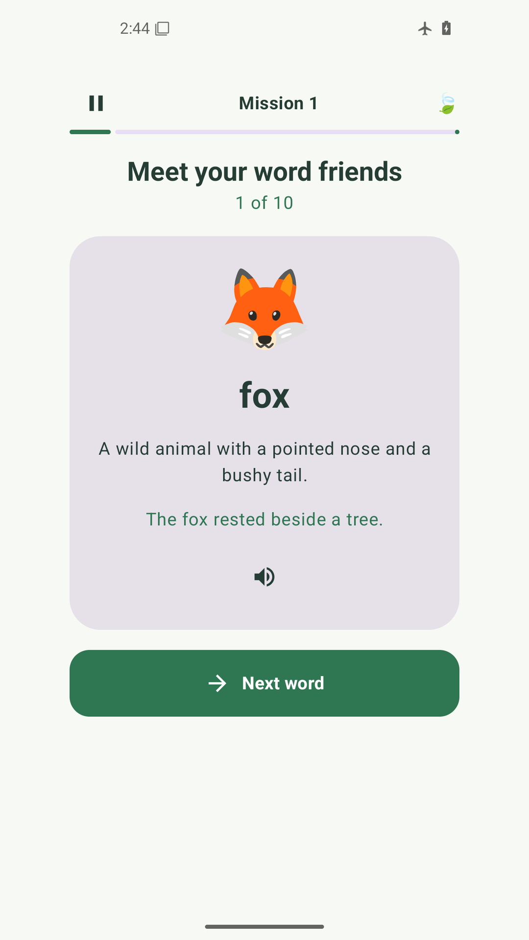 A fox word card with its meaning, example sentence and read-aloud button