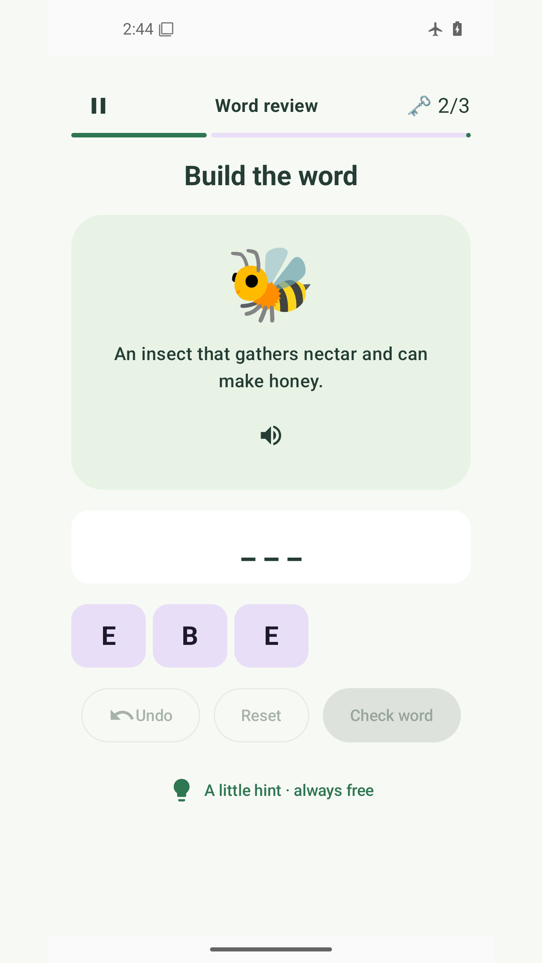 Word Quest Adventure's letter tiles and bee picture clue